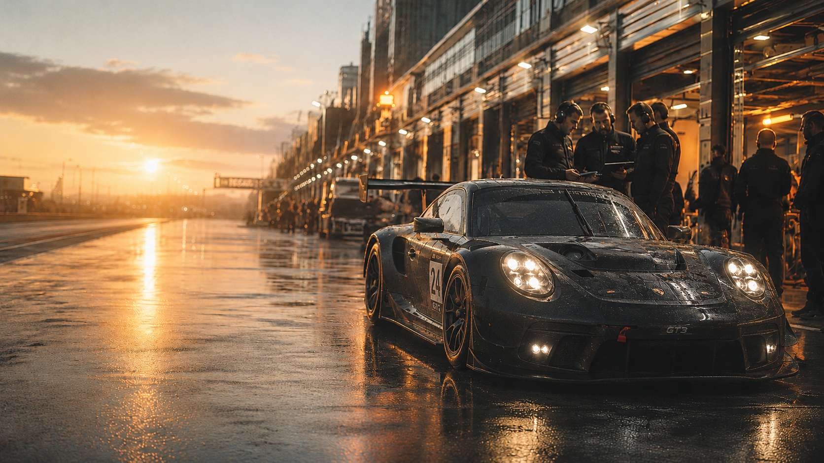 GT car with headlights on in a wet pit lane at sunset while engineers review data
