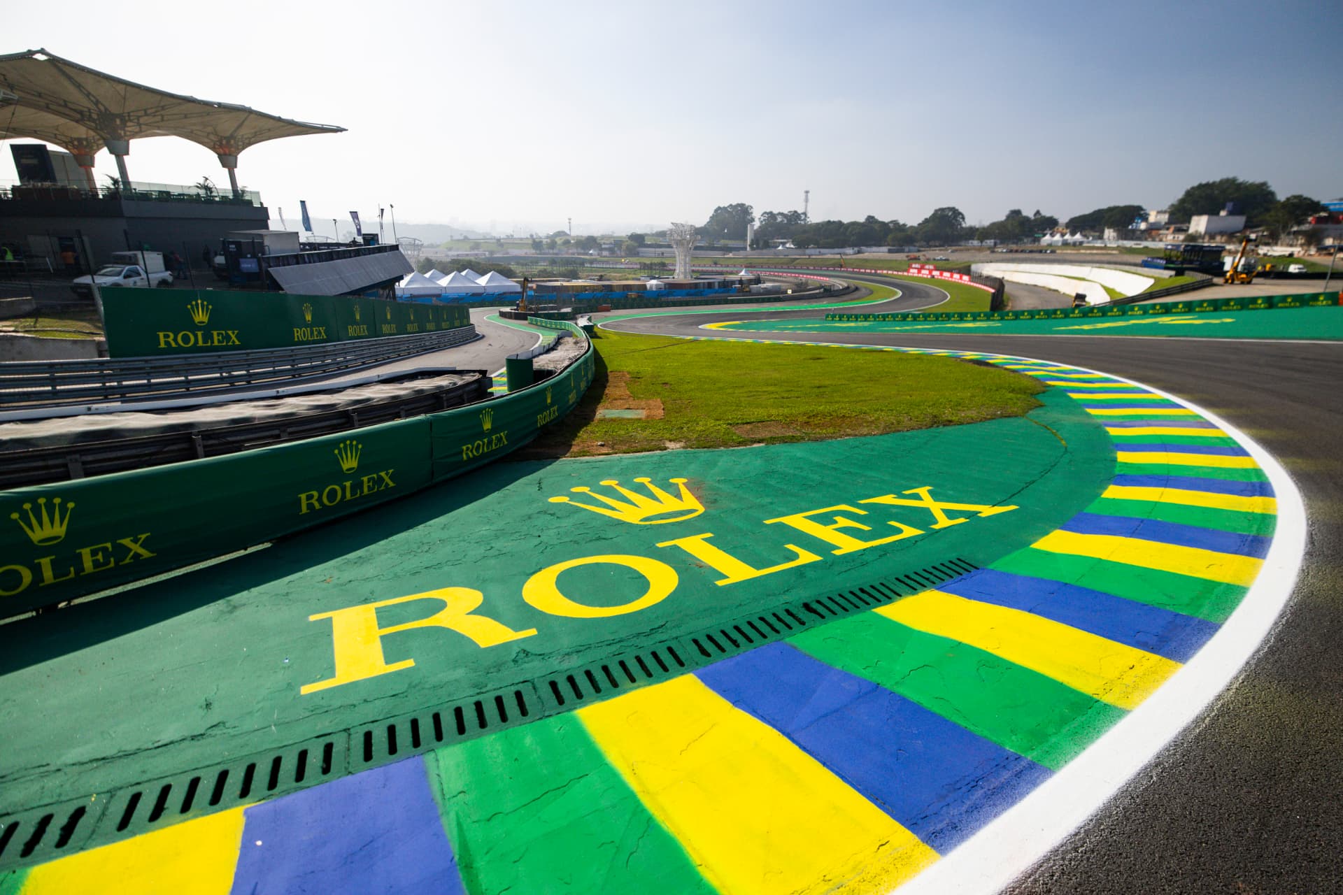 Rolex branding and Brazilian colours painted on the apex curb at Interlagos.