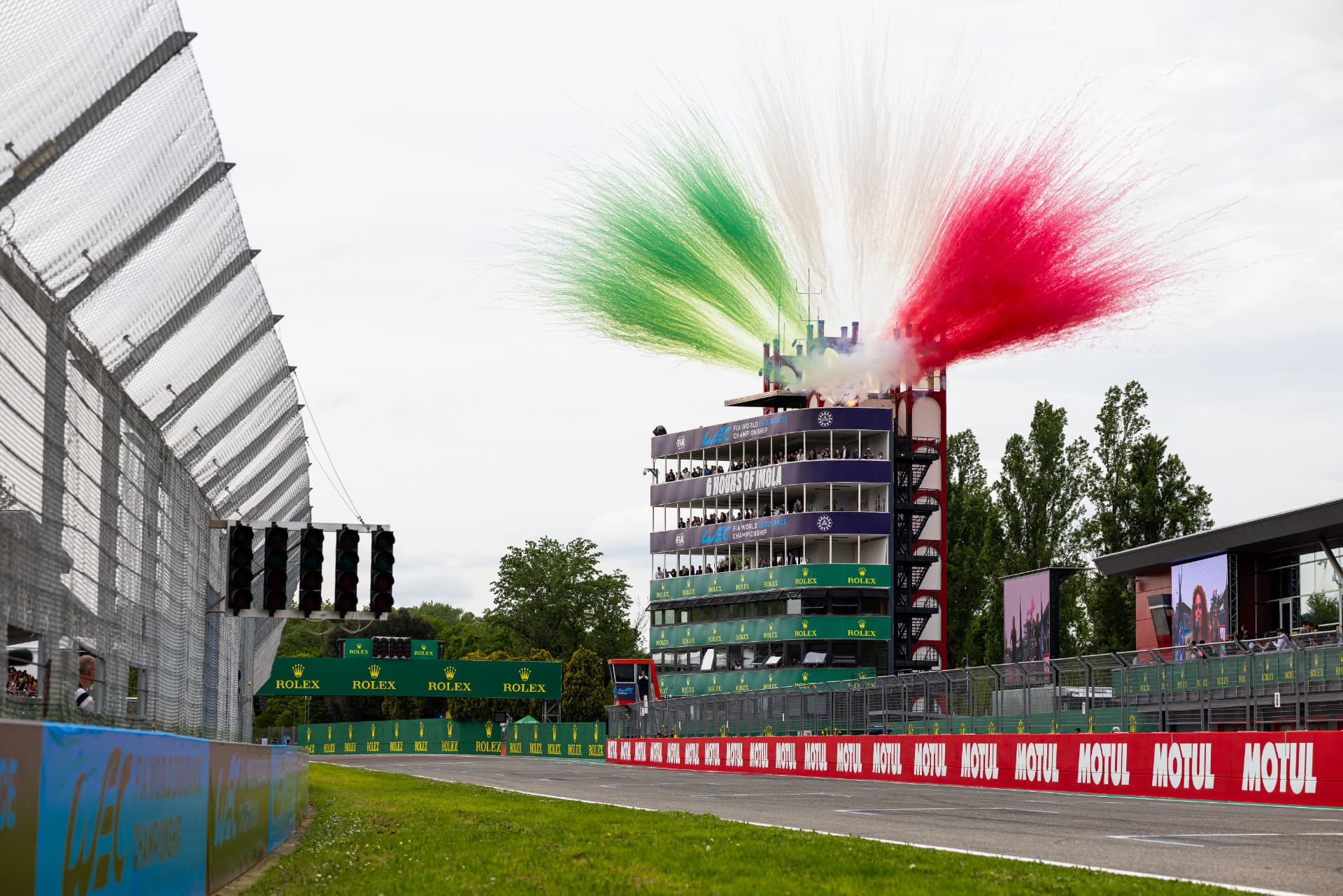 Green, white and red fireworks above the control tower of the Autodromo Enzo e Dino Ferrari before the 6 Hours of Imola.