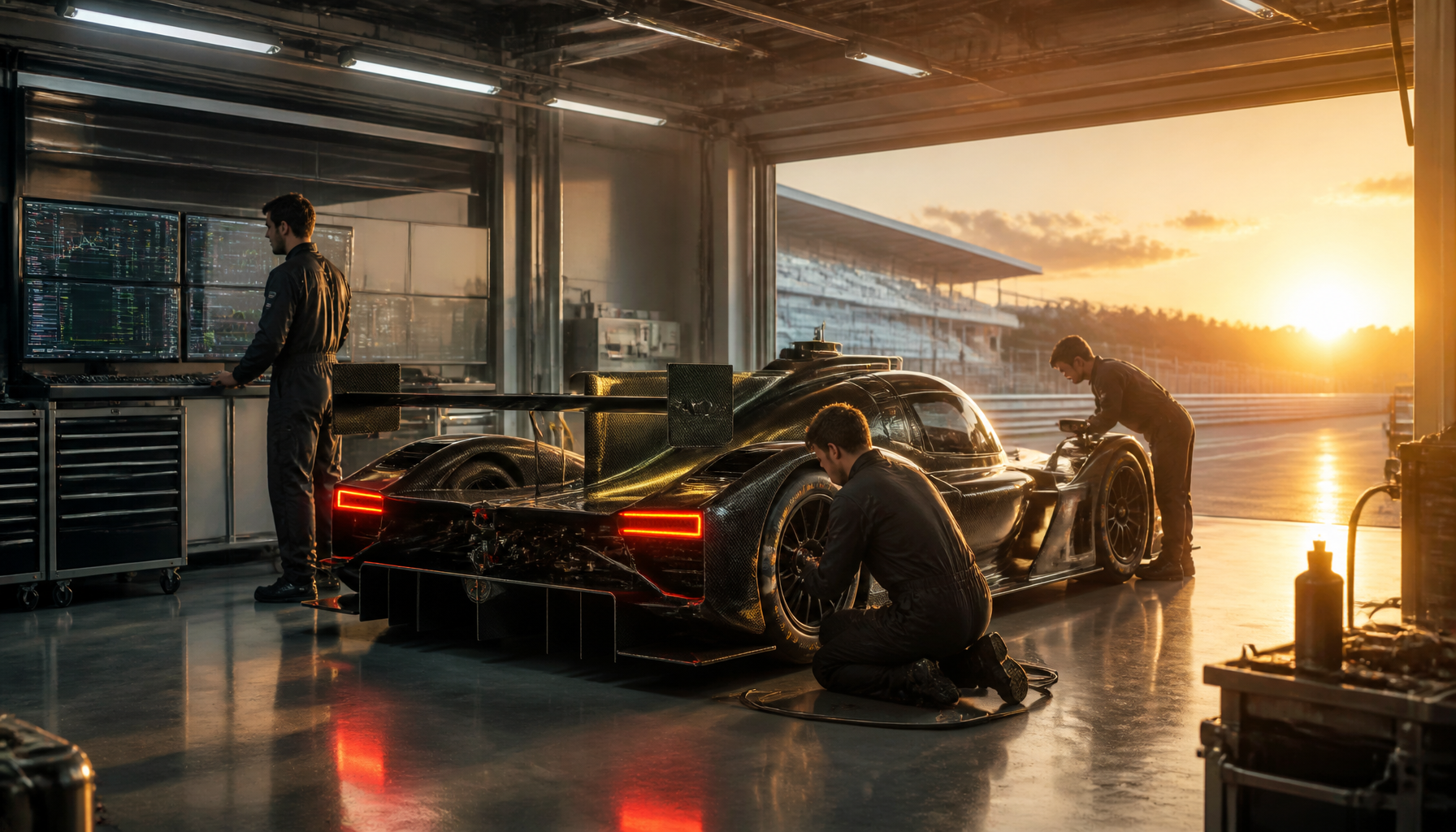 Crew changes a wheel on a prototype during a pit stop