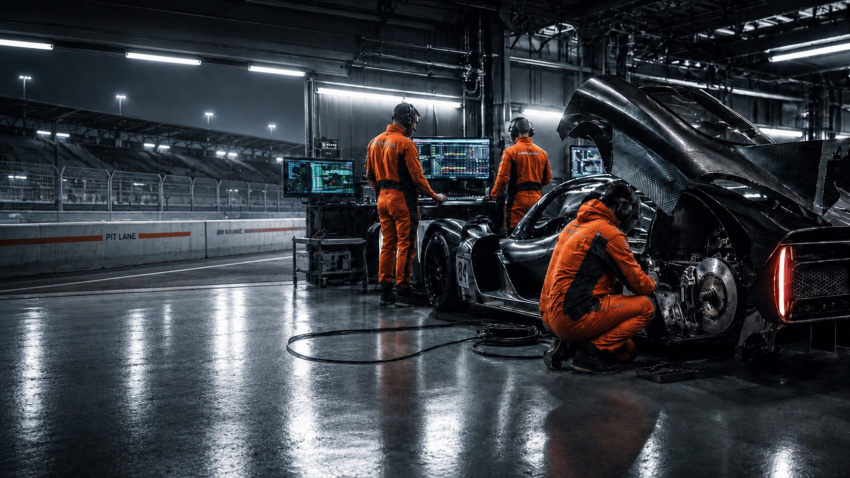 Engineers reading telemetry beside a Hypercar in the garage
