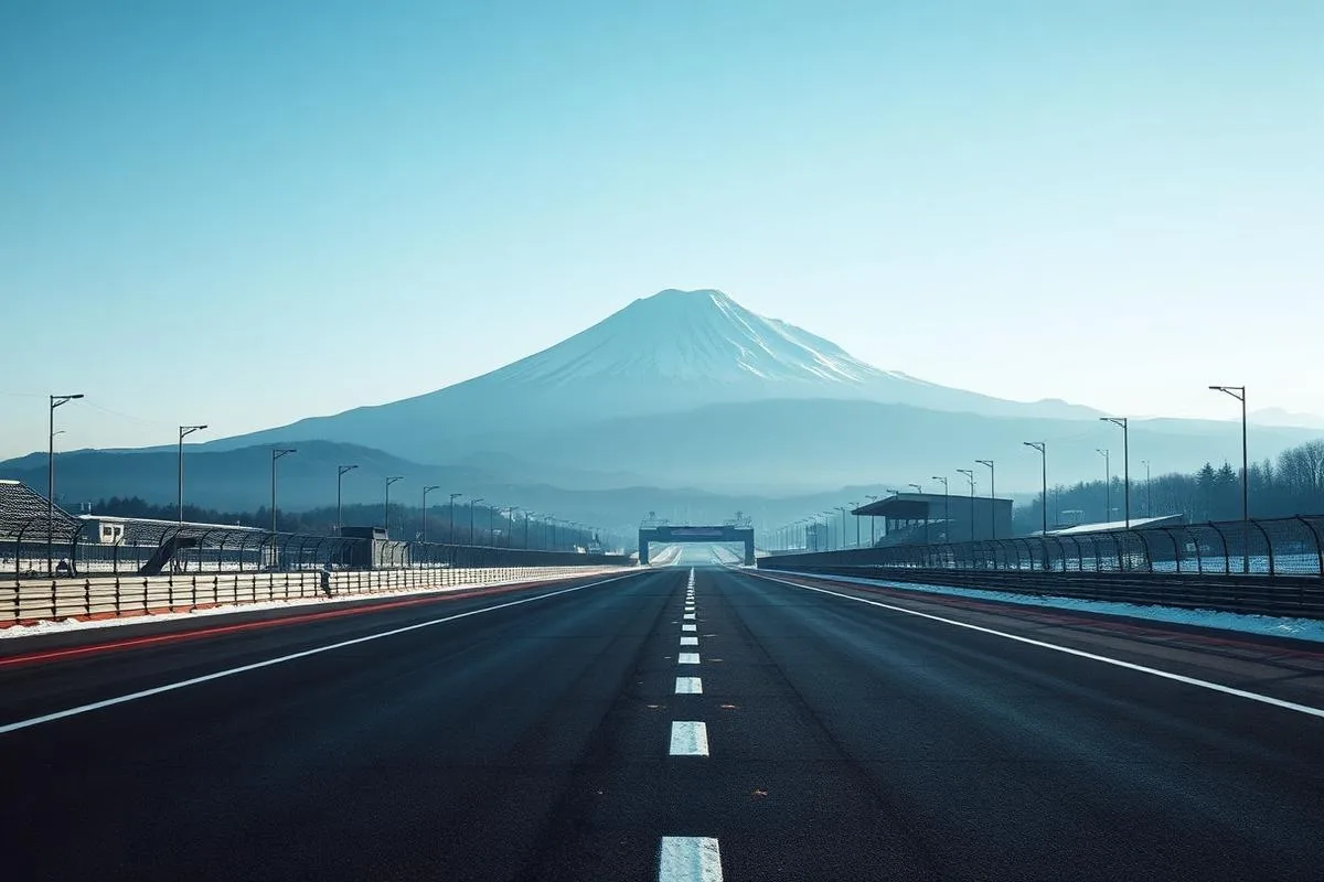 Snow-capped Mount Fuji behind an empty straight