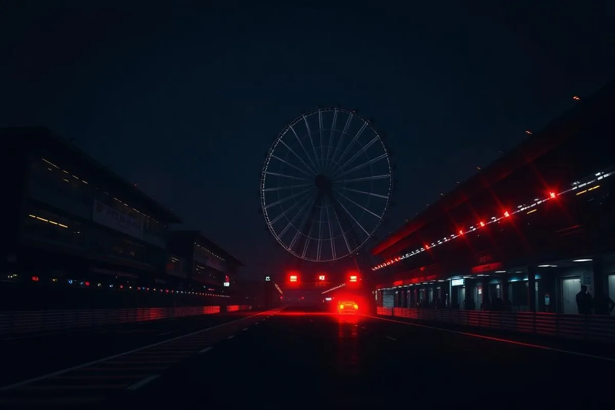 Night-time pit lane at Le Mans with the big wheel behind it