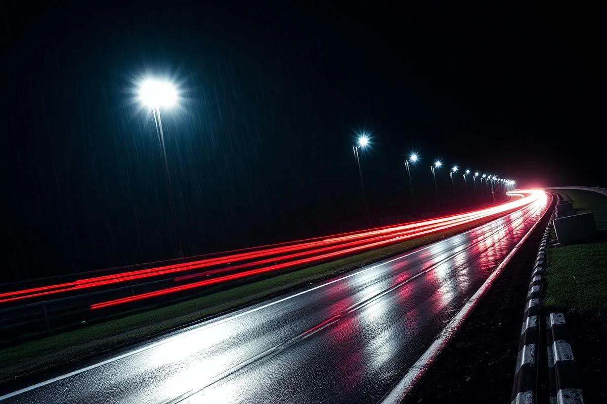 Headlight trails on a wet straight at night